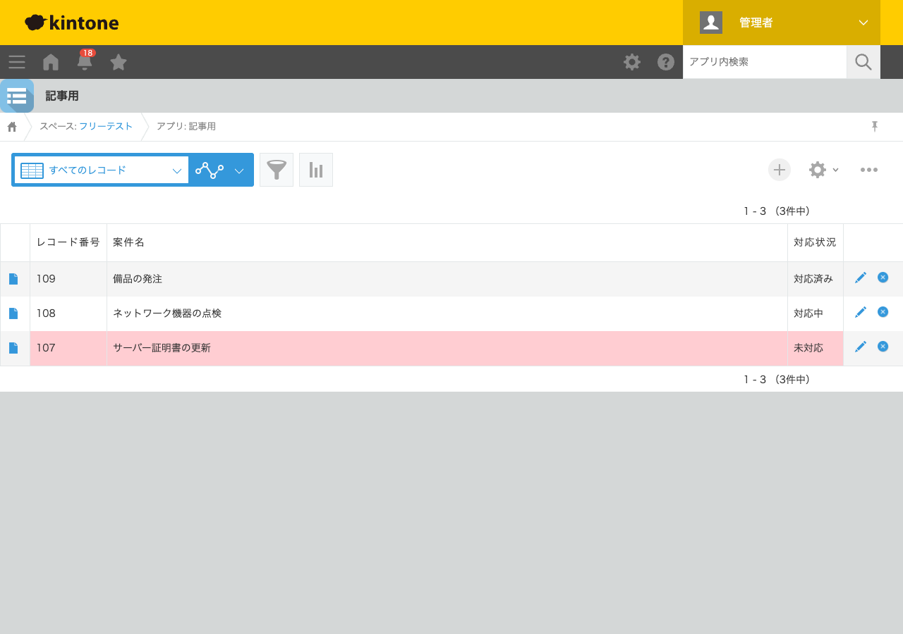 レコード一覧画面。対応状況「未対応」の「サーバー証明書の更新」の行だけがピンク色で強調表示され、「対応中」「対応済み」の行は通常の表示のままになっている状態のスクリーンショット。