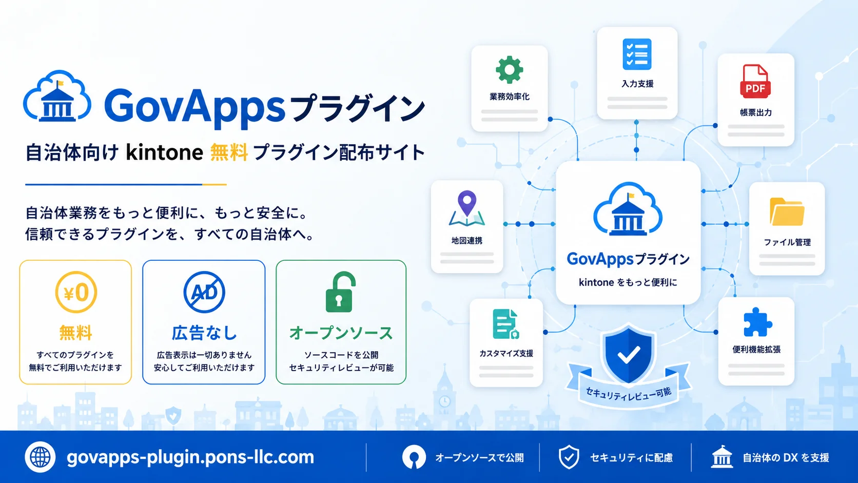 GovAppsプラグイン。自治体向けkintone無料プラグイン配布サイト。自治体業務をもっと便利に、もっと安全に。無料・広告なし・オープンソース。