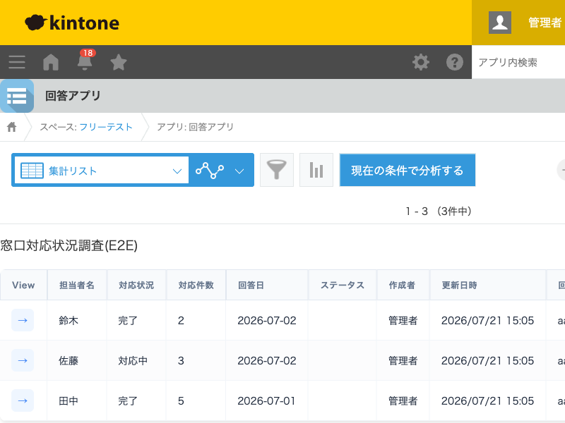 回答アプリの集計リスト(仮想一覧)のスクリーンショット。照会ごとに必要な列だけが動的に表示される。